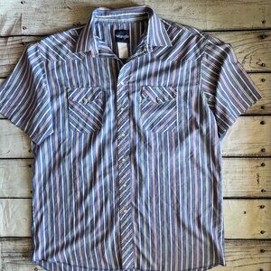 Wrangler Western Pearl Snap Shirt Blue Striped Cowboy Rodeo Mens L